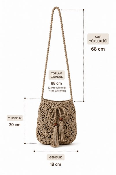 MODA Baggyloop Beige Hand-Knitted Crossbody Phone Bag with Beaded and Tassel Detail