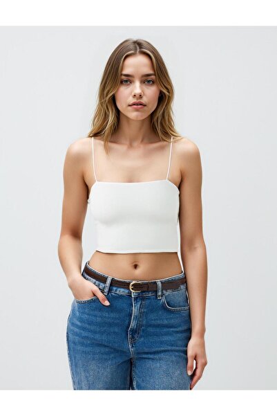 Jimmy Key Beyaz Düz Yaka İnce Askılı Örme Bralet
