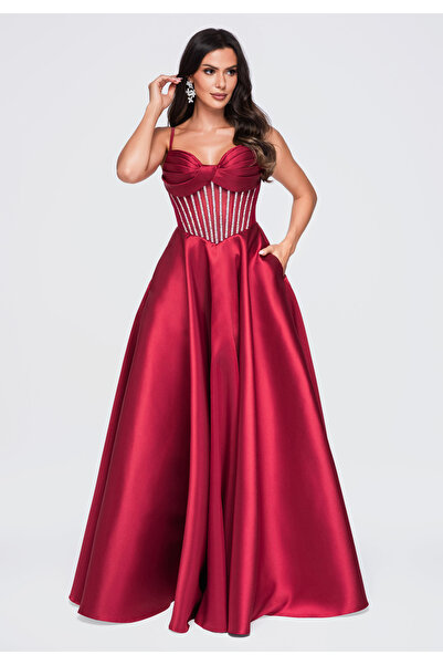 Larica Rochie de seară pentru femei, lungime maxi, design evazat, Burgundy LA...