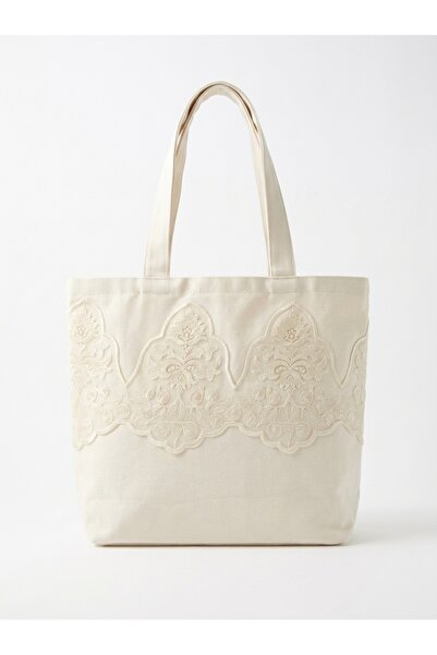 VİP ZERON HOME FASHIONS Dantel Şeritli Kanvas Tote Çanta — 320 g/m² %80 Pamuk...