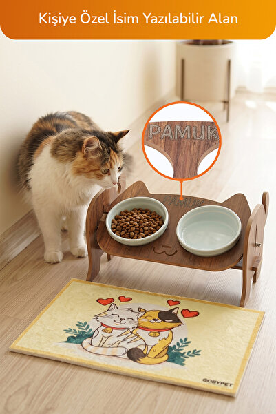GOBYPET Ahşap Özel Isim Baskılı, Kedi Mama Seramik Su Kabı Standı Hediye Kedi...