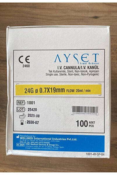 Ayset SARI İNTRAKET(ANJIOKAT-BRANUL) STERİL PAKET (100 ADET)(24 G-0,7*19 MM ,...