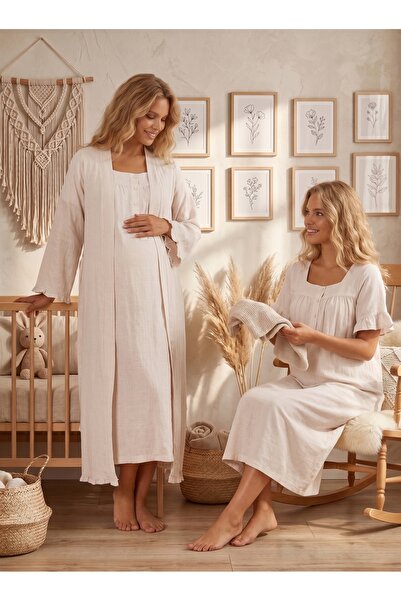Yulem Homewear Beige Muslin Fabric Soft Textured Cotton Maternity Dressing Go...