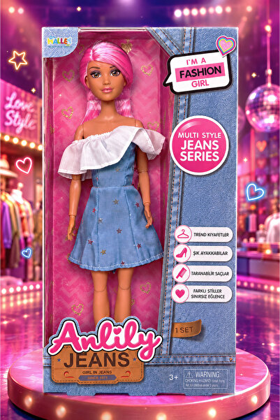 HALLEY Moda Bebek Oyuncak – Pembe Saçlı Kot Kıyafetli Bebek Oyuncak - Kız Çoc...