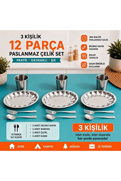 Metler Paslanmaz Çelik 3 Kişilik 12 Parça Yemek Seti Tabak Bardak Çatal Kaşık...