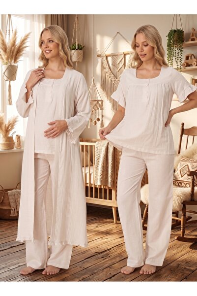 Yulem Homewear Beige Muslin Fabric Soft Textured Cotton Maternity Pajama Set ...