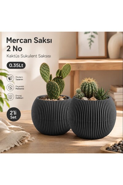 2 Adet 0.35 Lt No 2 Kaktüs Ve Çiçekler İçin Dekoratif Ve Şık Yuvarlak Mercan Saksı Orta Boy No2