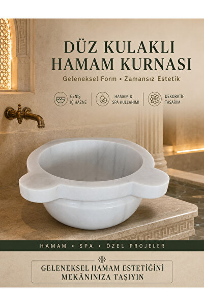 Beyaz Düz Kulaklı Hamam Kurnası Dekoratif Doğal Taş Geleneksel Kurna