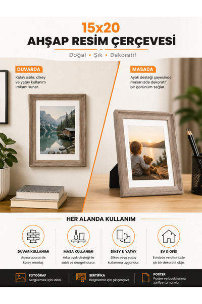 Zeyn Gross 15x20 Ahşap Resim Çerçevesi – Masaüstü ve Duvara Asılabilir Fotoğr...