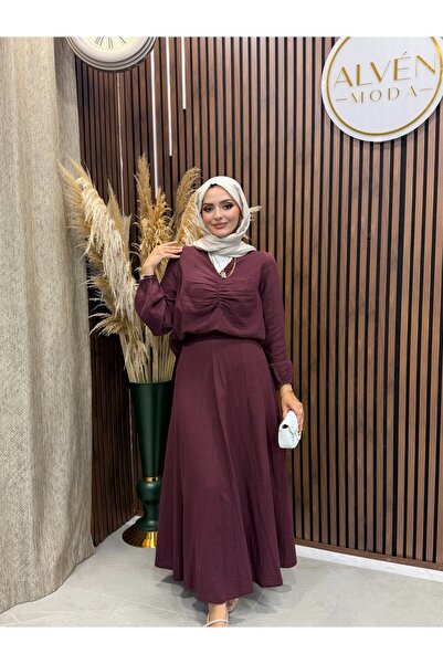 Fashionbox Ria Muslin Kumaş Etekli Takım | Mürdüm
