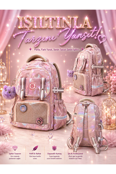 ideal STORE OKUL ÇANTASI IŞILTILI PARLAK ÖZEL TASARIM 3 LÜ SET