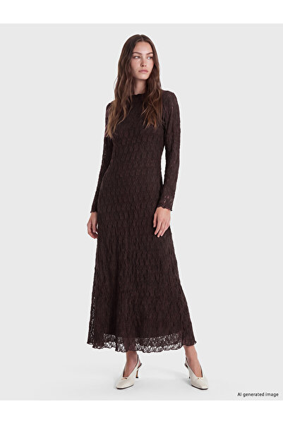 LC Waikiki Lcw Modest Brown High Neck A-Line Lace Dress