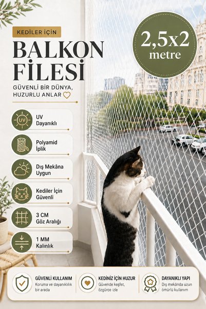 Azm türkiye 2,5x2 Metre | Balkon Güvenlik Filesi | Kedi Pencere Filesi | Balkon Kuş Filesi | Balkon Filesi