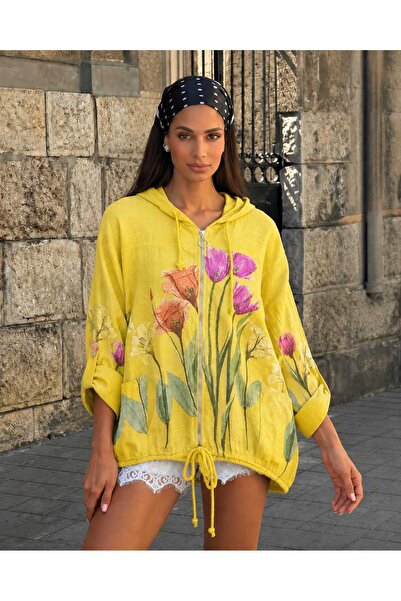 CES.İZ Italian Raw Linen Hooded Floral Patterned Women's Jacket – Oversize Zi...