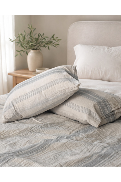 Lorenzella 100% Cotton Muslin Double Duvet Cover Set - Non-Ironing, Anti-Sweat, Striped Bohemian 4-Piece Set