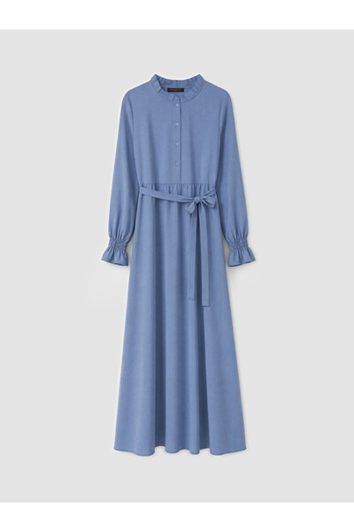 LC Waikiki Blue Belted Waist-Slit Dress