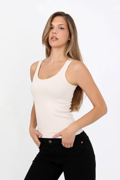 HDM Women's Ribbed Thick Strap Basic Ivory Athlete Blouse - H6159