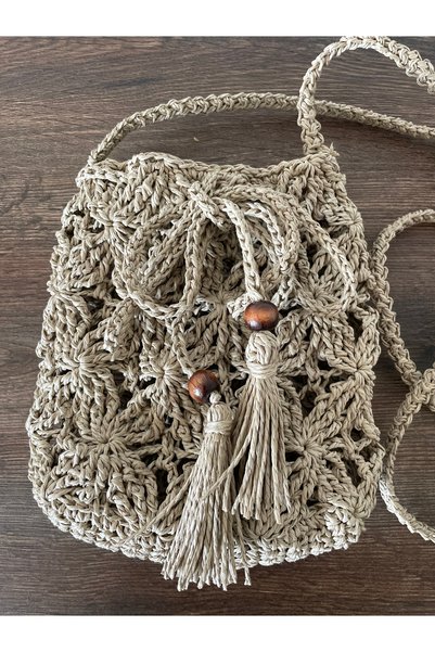 MODA Baggyloop Beige Hand-Knitted Crossbody Phone Bag with Beaded and Tassel Detail