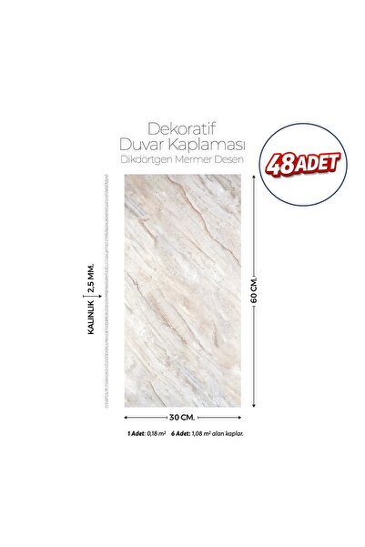 Brano 30X60 cm Kendinden Yapışkanlı Duvar,banyo,tezgah Arası Bej Mermer Desen...