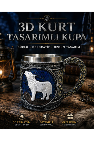 METTREND Uluyan Kurt Figürlü 3D Kabartmalı Paslanmaz Çelik İç Hazneli Gotik M...