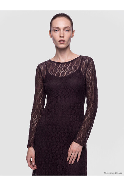 LC Waikiki Brown Crew Neck Lace Dress