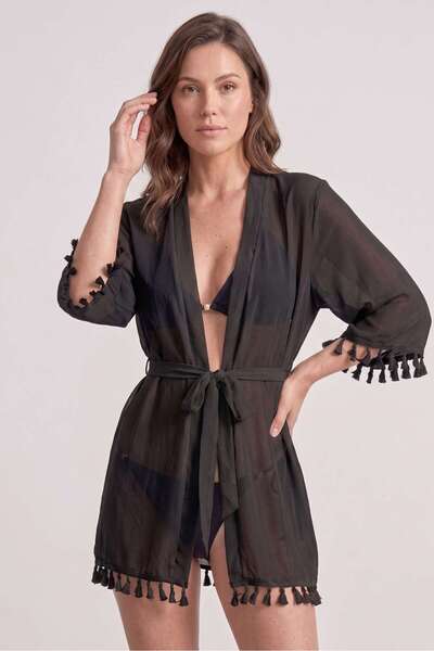 OBJE Women's Black Chiffon Tasseled Tunic Pareo