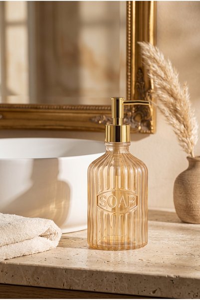 KLARHAUS Glassy Decorative Glass Soap Dispenser – Vintage Striped Liquid Soap and Detergent Dispenser with Gold Pump - 21.5 cm X 8 cm - 500 ml