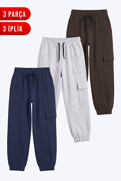 FYK KİDS 3-Piece Girls' 3-Strand Cargo Pocket Straight Jogger Sweatpants