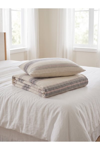 Lorenzella 100% Cotton Muslin Double Duvet Cover Set - Non-Ironing, Anti-Sweat, Striped Bohemian 4-Piece Set