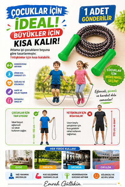 Emrah Gültekin Çocuklar İçin Atlama İpi – Ergonomik Saplı, Dayanıklı Örgü İp ...