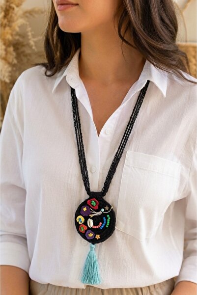 LİA CLİPS CO Women's Hand-Knitted Motif Crochet Long Necklace - Macrame & Bea...