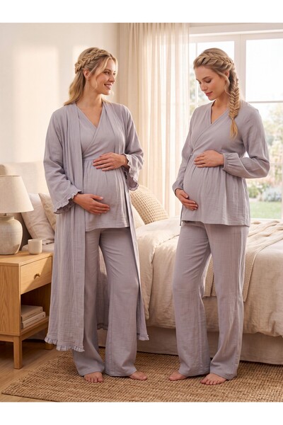 Lohusa Homewear New Season Gray Muslin Fabric Double-Breasted Breastfeeding C...