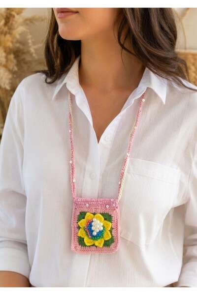 LİA CLİPS CO Women's Hand-Knitted Motif Crochet Long Necklace - Macrame & Bea...