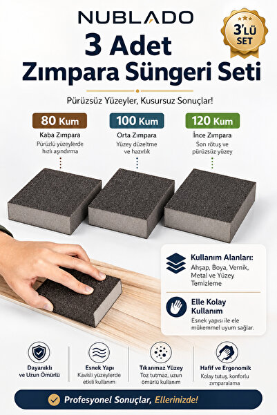 NUBLADO 3’lü Zımpara Süngeri Seti 80-100-120 Kum Ahşap Metal Boya Vernik Yüze...