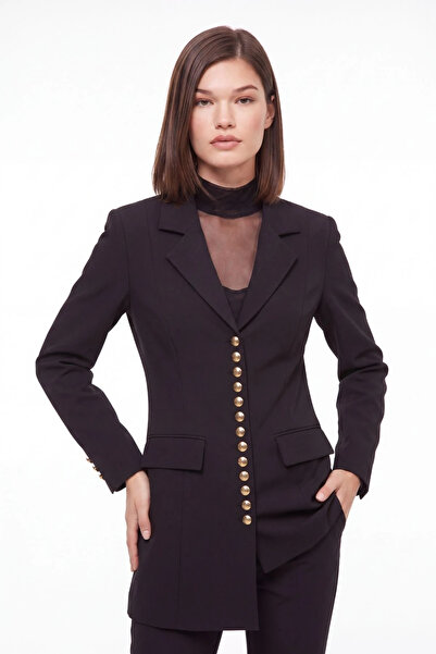 cemo Gold Düğme Detaylı Uzun Blazer Ceket