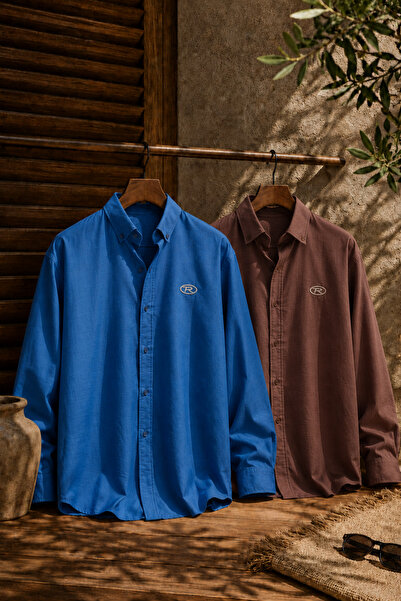 Respire Men's Muslin Oversize Shirt Set of 2 Blue-Brown