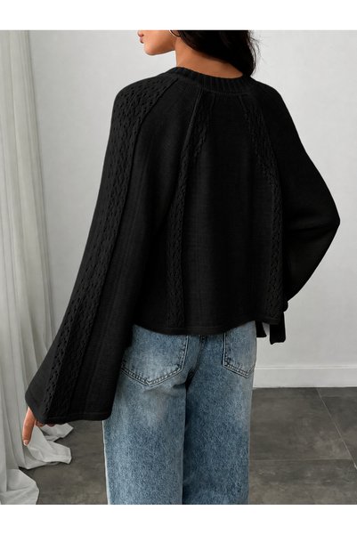 S.ÇLK Women's Ecru Openwork Side-Tie Wide Sleeve Buttoned Short Knitwear Cardigan