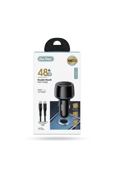 Bionic Go-Des 48W Dual-Port Fast Car Charger Adapter with Type-C to Type-C Cable