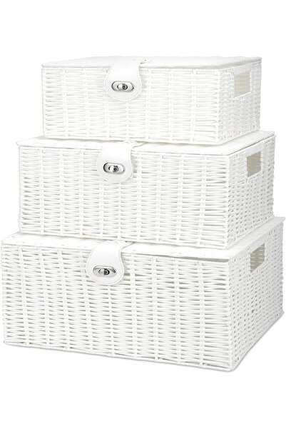 OasisLiving Woven Basket with Lid and Locking Clasp, Set of 3 Wicker Woven St...
