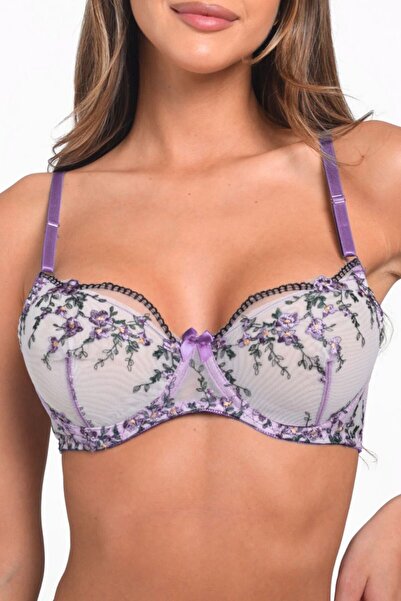 Trendyup Set lenjerie intimă sexy femei 2 piese Cassia, sutien și chilot tanga din tul brodat floral, Mov
