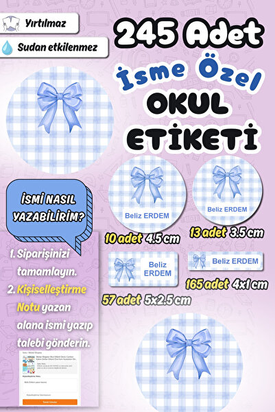 Sticker Ekspres Okul Etiketi Mavi Kurdeleli Ekose Kalem Defter Etiketi Özel İ...