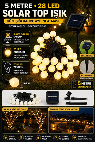 Hane Dostu Solar 5M 28 LED Top RGB Bahçe Aydınlatması 8 Fonksiyonlu Siyah Kab...