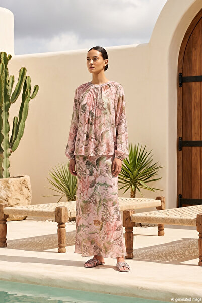 Ceremony Front Gathered Detailed Waist-Tie Skirt Suit 997 Pink