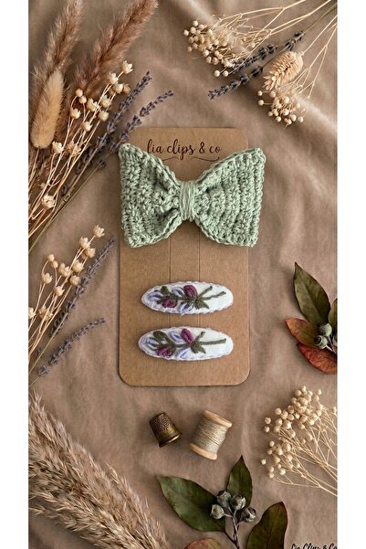 LİA CLİPS CO Hand Knitted 3-Piece Hair Clip Set - Sage Green Bow and Purple B...