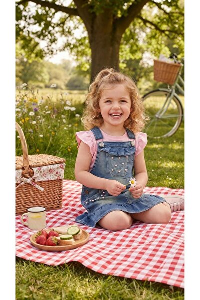 Sinem Çeyiz Mery Angel 1601 Pink Pearl Frilly Denim Dress T-Shirt Set