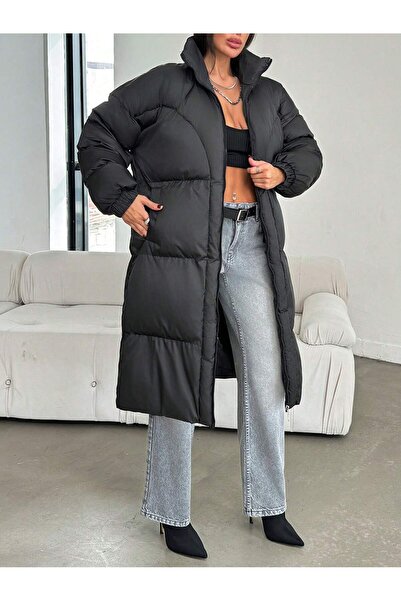 ladyzey Women's Black Stand-Up Collar Elasticated Batwing Sleeve Long Puffer ...