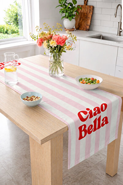 Realhomes Ciao Bella Written Pink Striped Modern Design 40X140Cm Digital Prin...