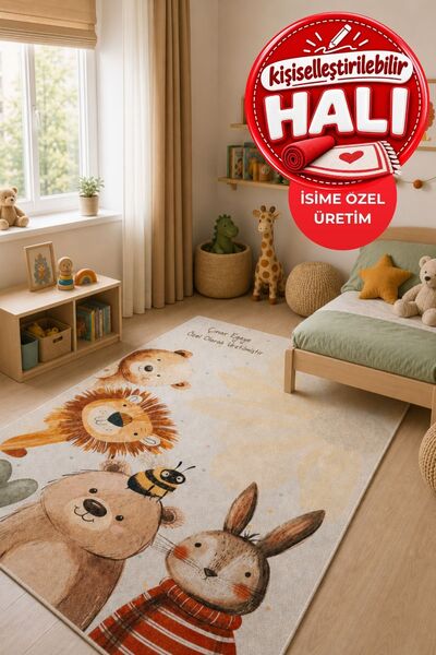 Oriente Home Figürlü Krem-Anti-Bakteriyel Kişiye Özel Kaymaz Taban Şönil Doku...