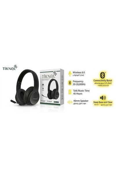 Tiknal سماعات رأس TK-H121، سماعة ألعاب لاسلكية بتقنية بلوتوث 6.0 مع ميكروفون، ومشغلات صوت ستيريو 40 ملم، وبطارية تدوم حتى 40 ساعة - أسود