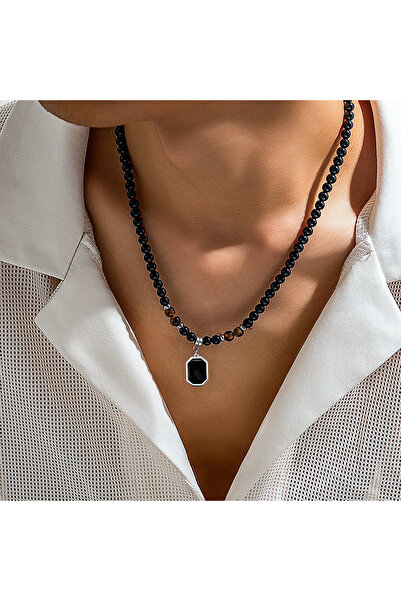 Choice Black Black Beads with Square Pendant Necklace for Men Trendy Accessor...